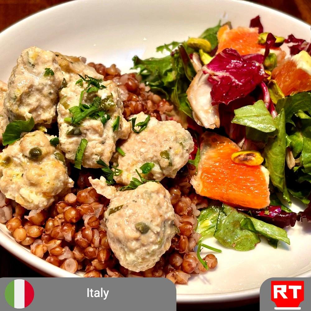 Organic Italian Chicken Piccata Meatballs with Purple Barley & Citrus Salad (includes complimentary surprise dessert)