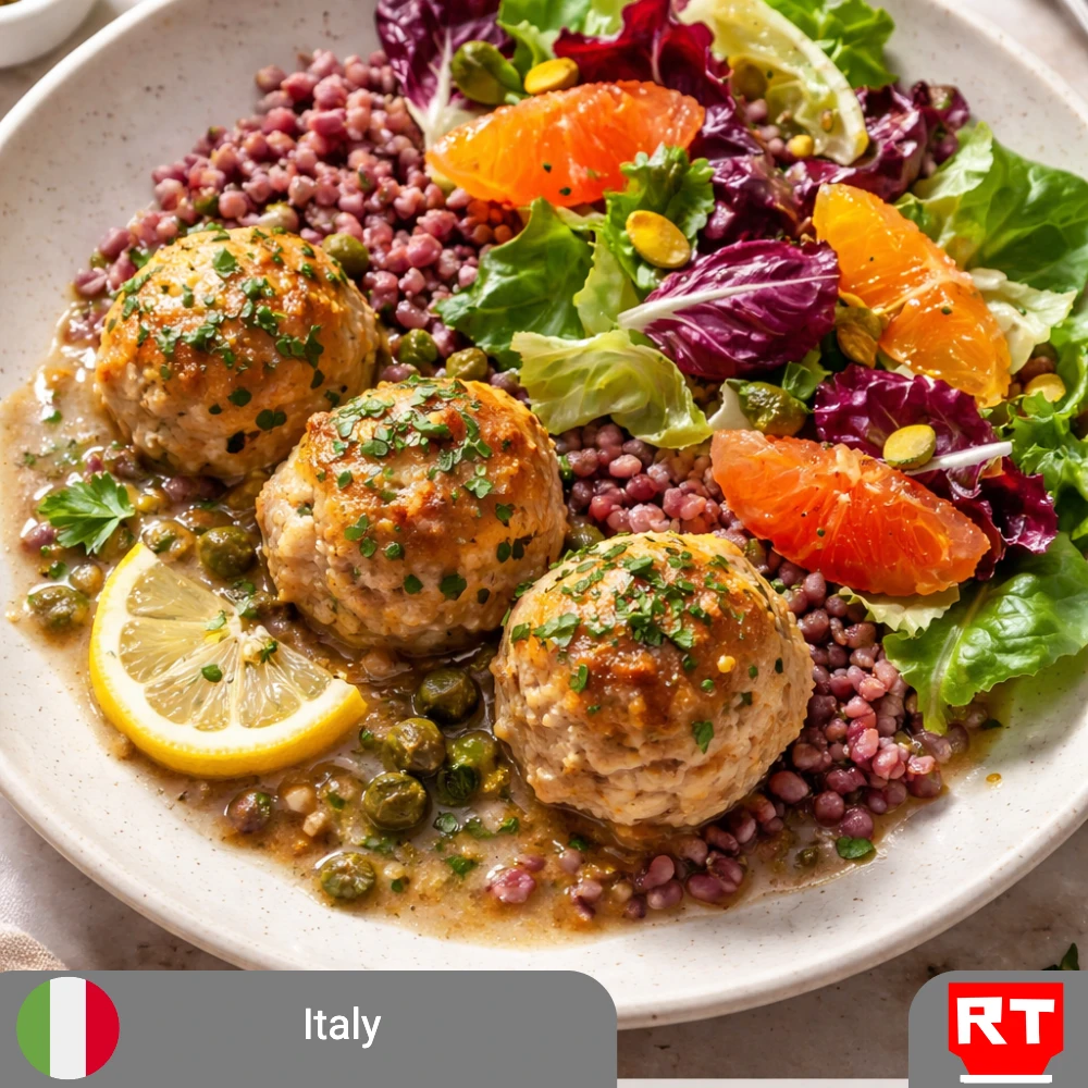 Organic Italian Chicken Piccata Meatballs with Purple Barley & Citrus Salad (includes complimentary surprise dessert)