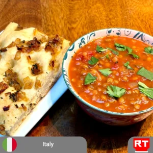 Creamy Italian Lentil and Sun-Dried Tomato Soup with Caramelized Onion and Thyme Focaccia (includes complimentary surprise dessert)