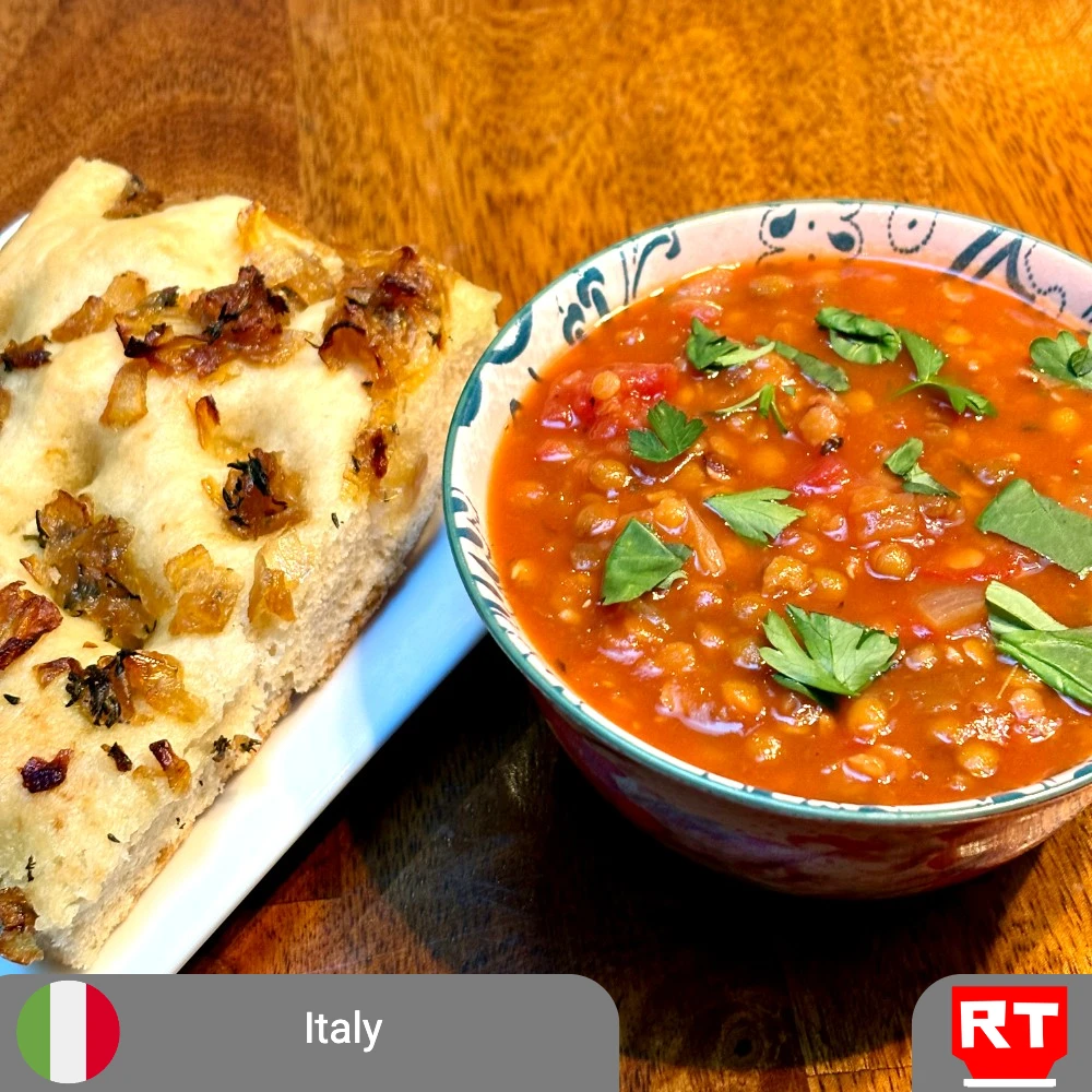 Creamy Italian Lentil and Sun-Dried Tomato Soup with Caramelized Onion and Thyme Focaccia (includes complimentary surprise dessert)