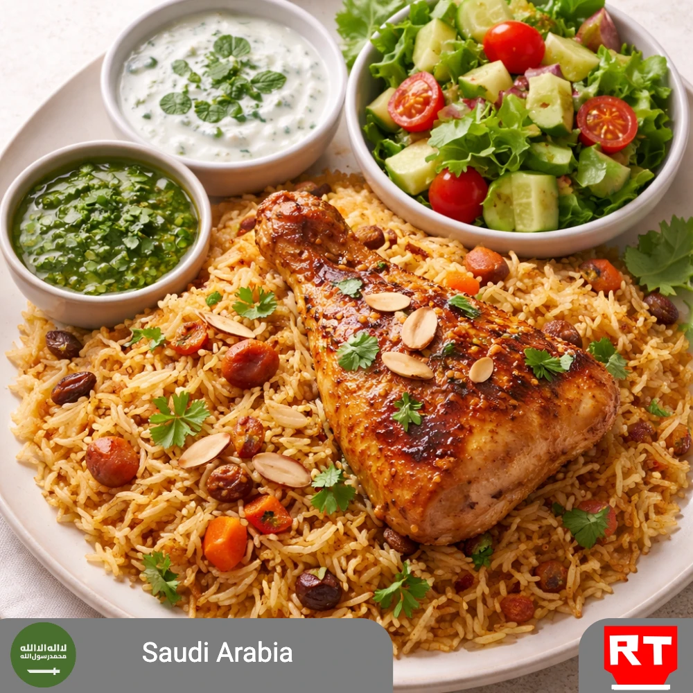 A Taste of Saudi Arabia: Chicken Kabsa with Herb and Yogurt Sauces and a Side Salad (includes complimentary surprise dessert)