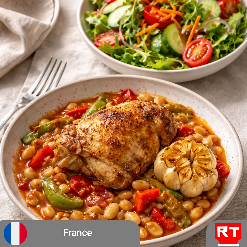 Rustic Basquaise Chicken with Creamy Flageolets & Fresh Green Salad (includes complimentary surprise dessert)