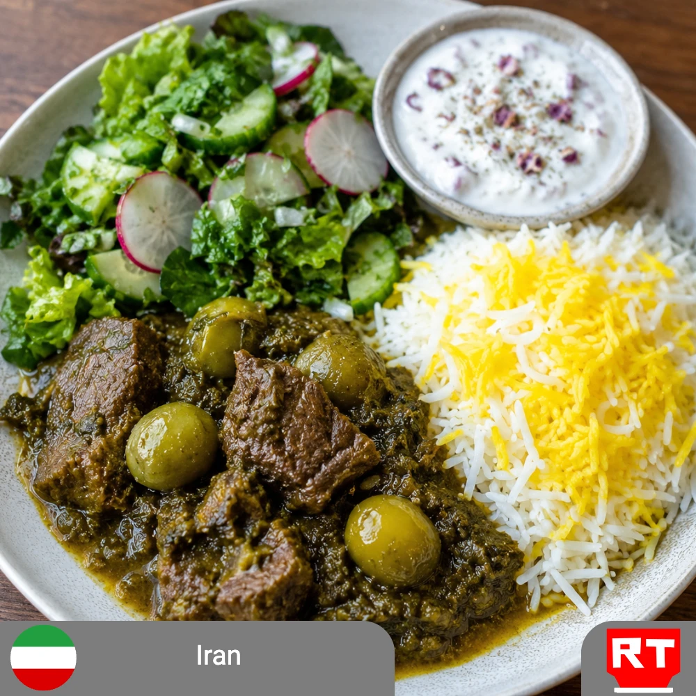 Persian Green Plum Stew (Khoresh Gojeh Sabz) with Saffron Rice, Mast-o-Musir & Salad-e Sabz (includes complimentary surprise dessert)