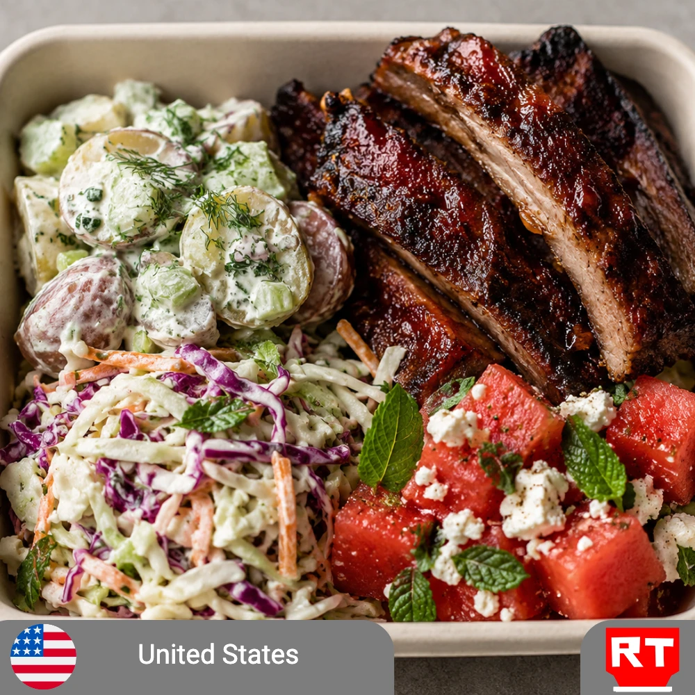 Slow-Cooked Pork Ribs • Creamy Cabbage Slaw • Herbed Potato Salad • Watermelon, Mint & Feta Salad
