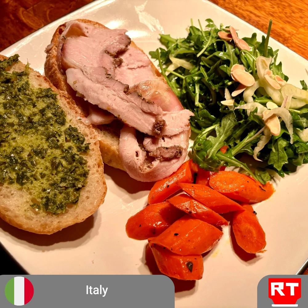 Italian Porchetta Sandwich with Crunchy Homemade Roll, Salsa Verde, Roasted Carrots and Lemon-Fennel Arugula Salad (includes complimentary surprise dessert)