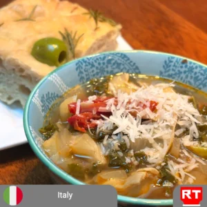 Lemony Tuscan Artichoke Soup with Castelvetrano Olive & Rosemary Focaccia (includes complimentary surprise dessert)