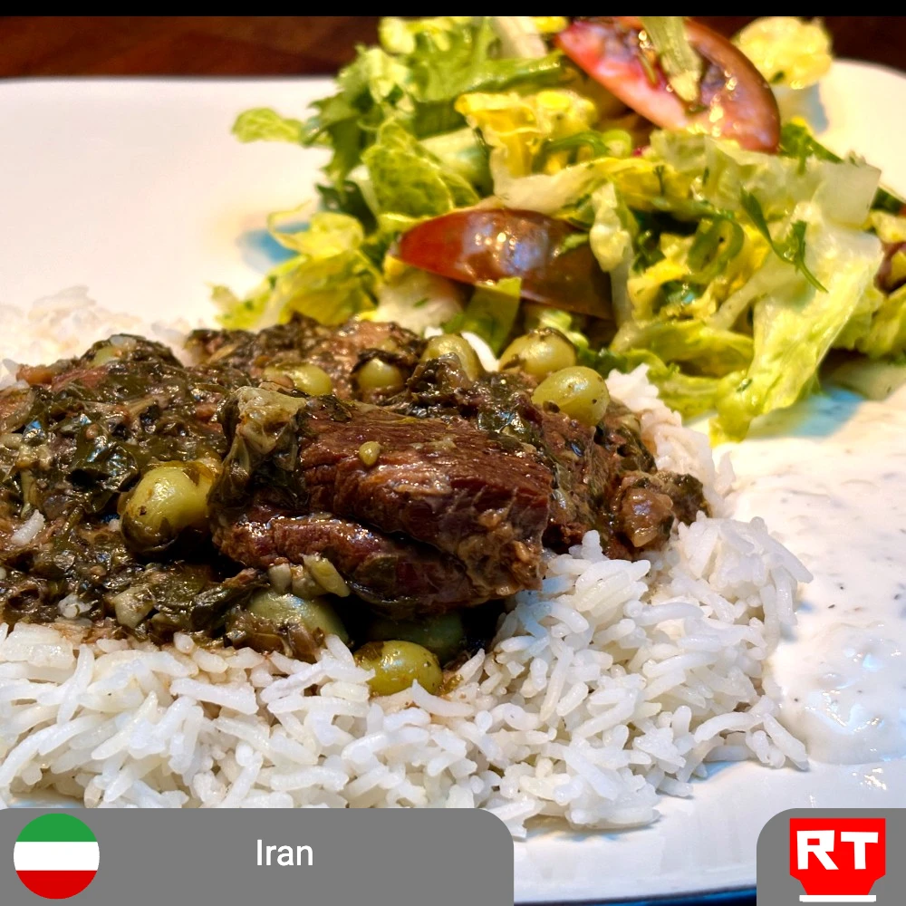 Persian Green Grape Stew ( Khoresh-e Angoor-e Sabz) with Saffron Rice, Mast-o-Musir & Salad-e Sabz (includes complimentary surprise dessert)