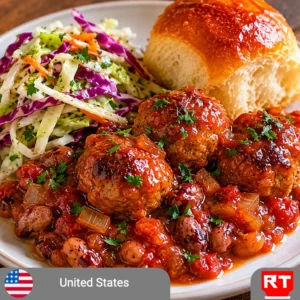 United States: New England–Style Baked Beans with Smoky BBQ Tomato Sauce and Chicken Meatballs, Cabbage Slaw & Soft Roll (Vegetarian Upon Request) (includes complimentary surprise dessert)