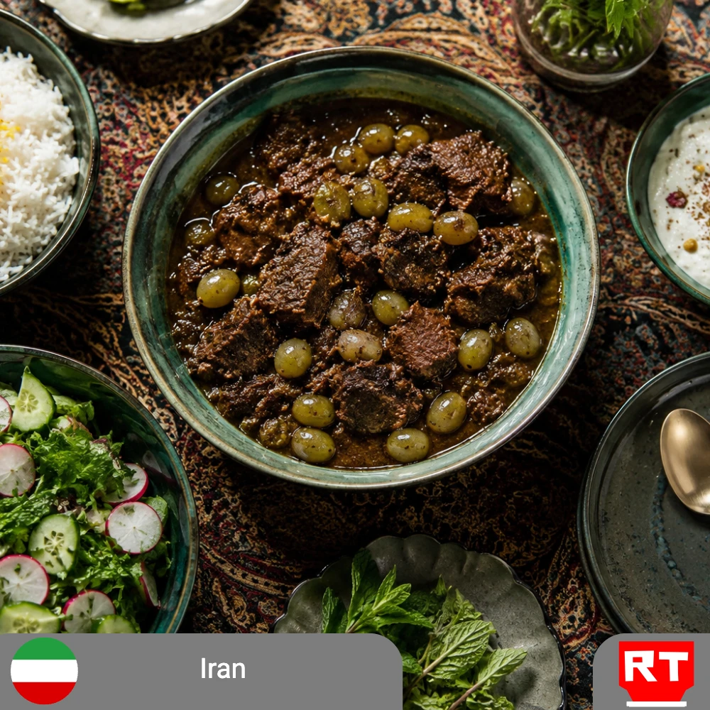 Persian Green Grape Stew ( Khoresh-e Angoor-e Sabz) with Saffron Rice, Mast-o-Musir & Salad-e Sabz (includes complimentary surprise dessert)