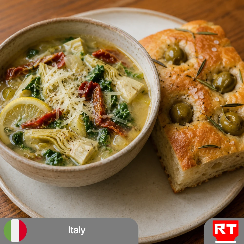 Lemony Tuscan Artichoke Soup with Castelvetrano Olive & Rosemary Focaccia (includes complimentary surprise dessert)
