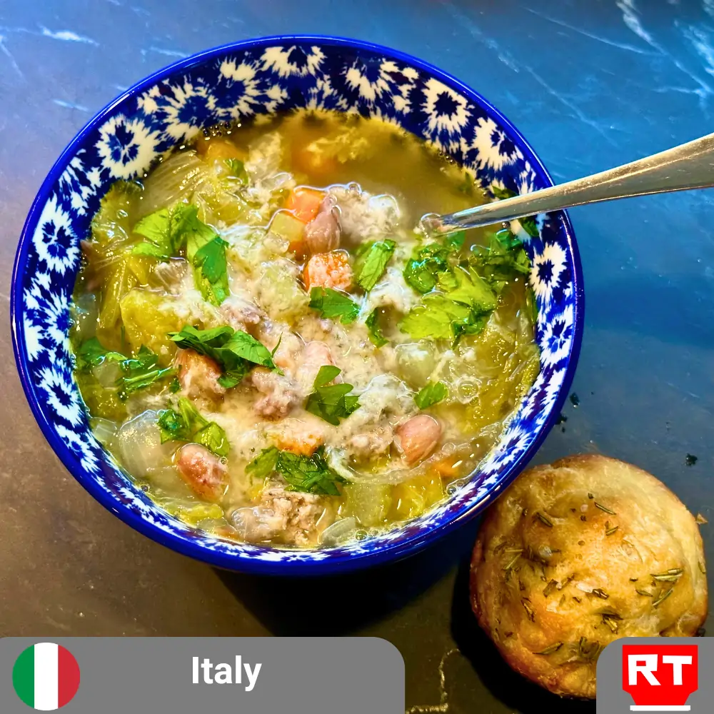 Italian Sausage, Escarole; Bean Soup with Onion-Topped Focaccia Muffins (includes complimentary surprise dessert)
