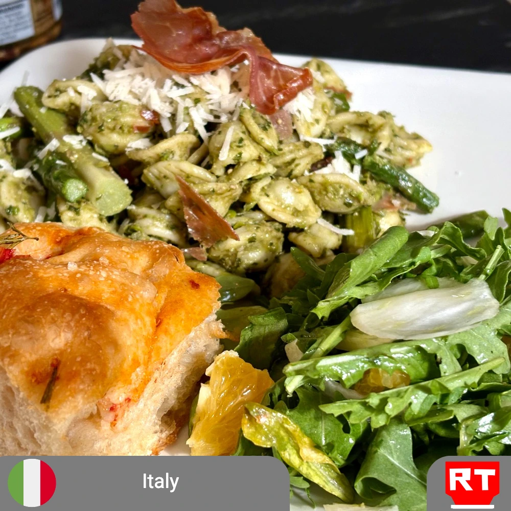 Italian Spring Garden Supper: Orecchiette with Pea Pesto, Asparagus & Prosciutto, Lemony Arugula-Fennel Salad, and Tomato-Rosemary Focaccia (includes complimentary surprise dessert)