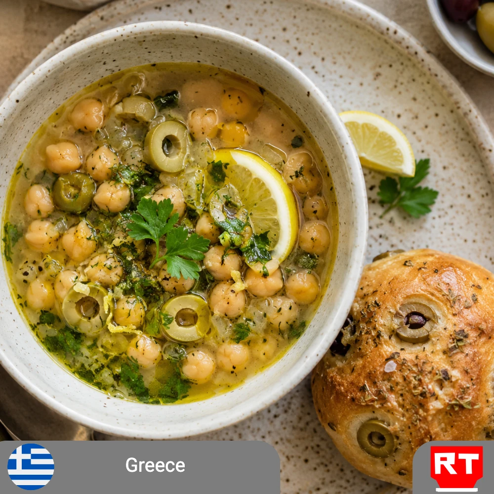 Greek Lemon, Olive & Chickpea Soup with an Eliopsomo Olive Bread Roll (includes complimentary surprise dessert)