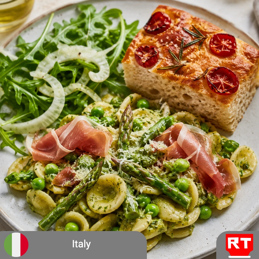 Italian Spring Garden Supper: Orecchiette with Pea Pesto, Asparagus & Prosciutto, Lemony Arugula-Fennel Salad, and Tomato-Rosemary Focaccia (includes complimentary surprise dessert)