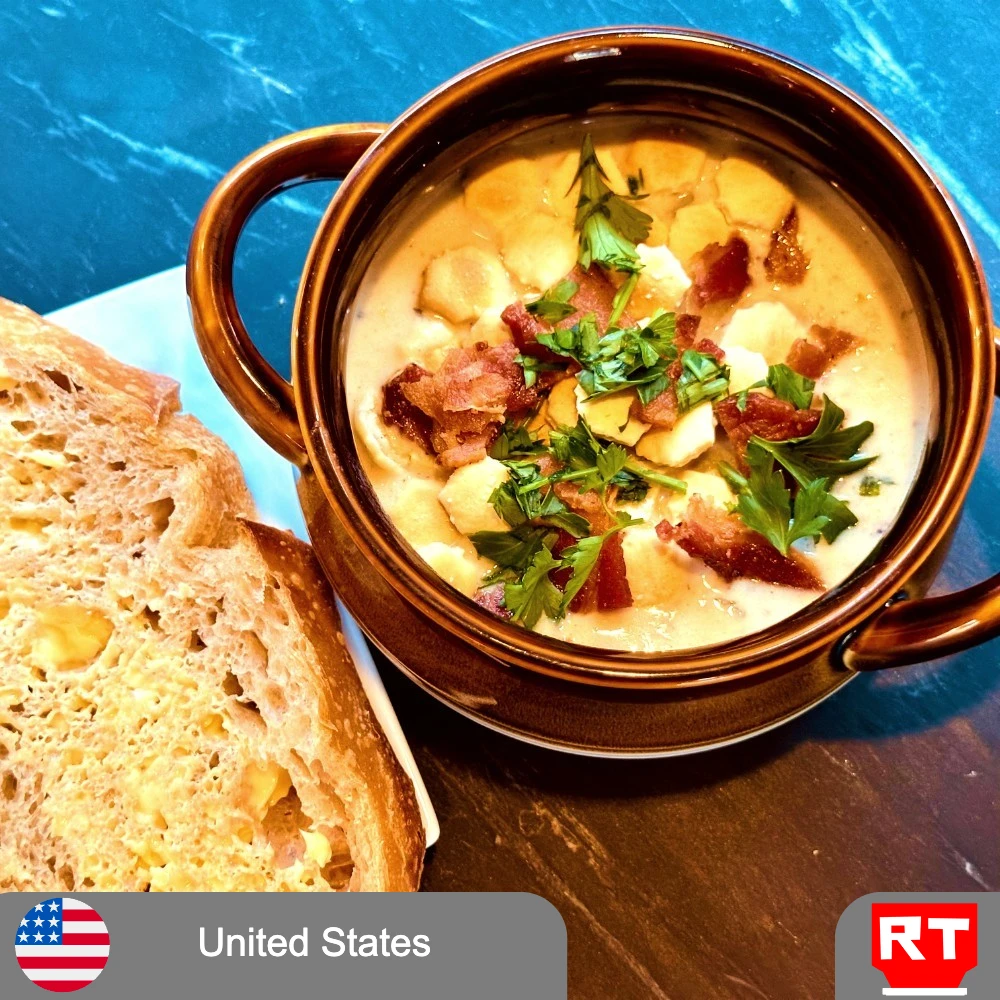 Seaside Comfort: New England Clam Chowder with Sourdough (includes complimentary surprise dessert)
