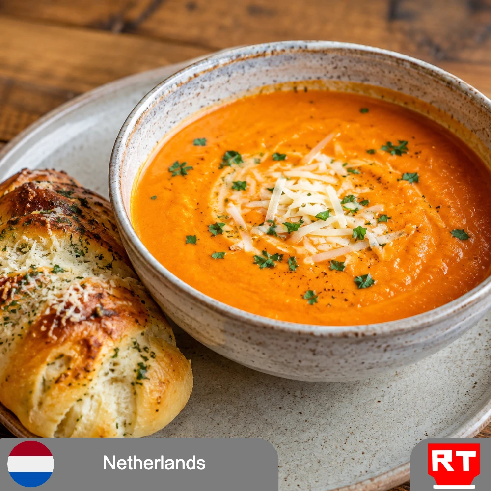 Dutch Inspired Roasted Red Pepper and Smoked Gouda Soup with a Soft Garlic-Parmesan Roll