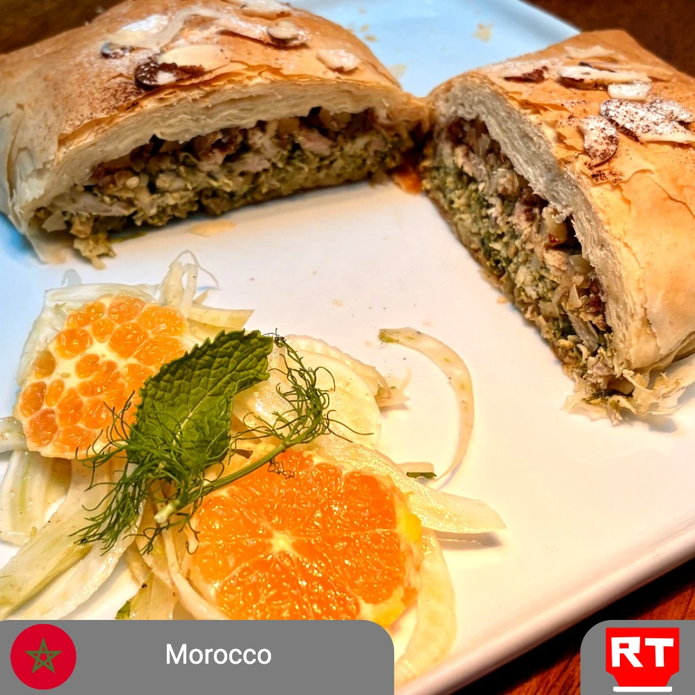 Moroccan Chicken Bastilla with Almonds, Spices & Bright Orange Fennel Salad (includes complimentary surprise dessert)