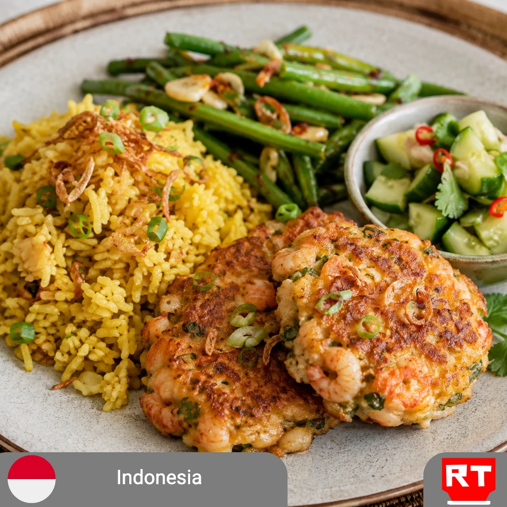 Indonesian Shrimp Cakes with Golden Fried Coconut Rice, Indonesian Green Beans & Fresh Cucumber (includes complimentary surprise dessert)