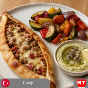Kaşarlı Pide with Roasted Vegetables & Lemon-Dill Turkish Fava (includes complimentary surprise dessert)
