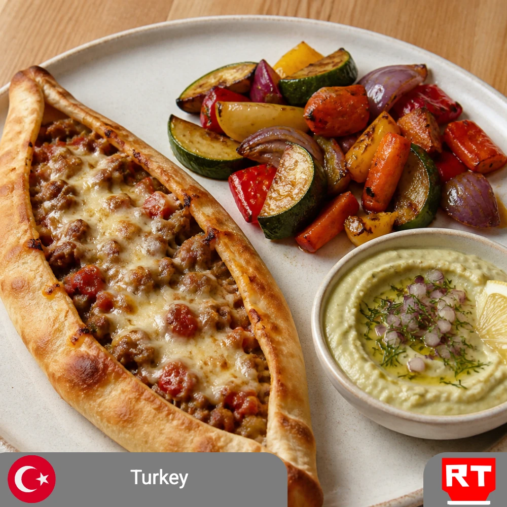 Kaşarlı Pide with Roasted Vegetables & Lemon-Dill Turkish Fava (includes complimentary surprise dessert)