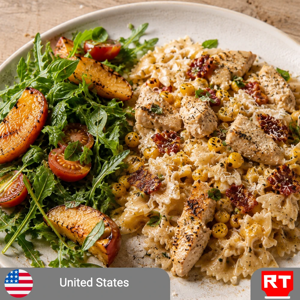 Creamy Chicken Pasta with Charred Corn & Bacon and Grilled Peach-Arugula Salad (includes complimentary surprise dessert)