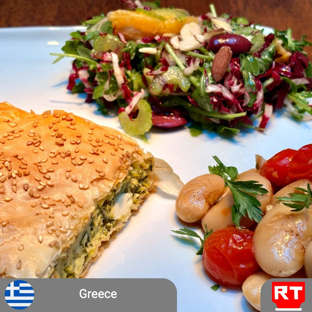 Late-Summer Greek Supper - Homemade Kolokithopita, Lemony Royal Corona Beans with Blistered Tomatoes, and Radicchio–Arugula Citrus Salad