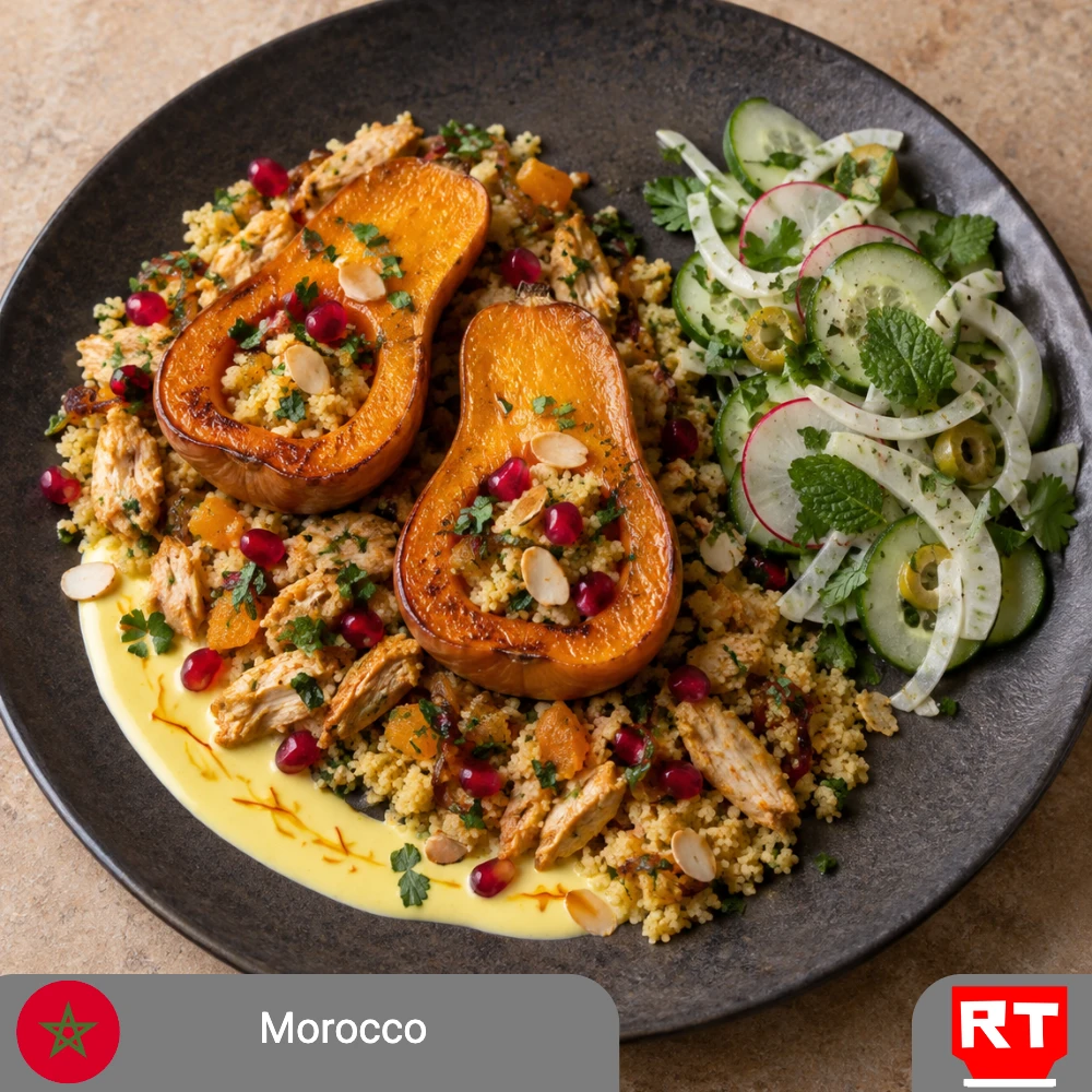Moroccan Jewel-Roasted Honeynut Squash over Apricot Couscous with Preserved Lemon & Saffron Yogurt, served with a Crisp Cucumber, Fennel & Herb Salad — Chicken or Vegetarian (includes complimentary surprise dessert)