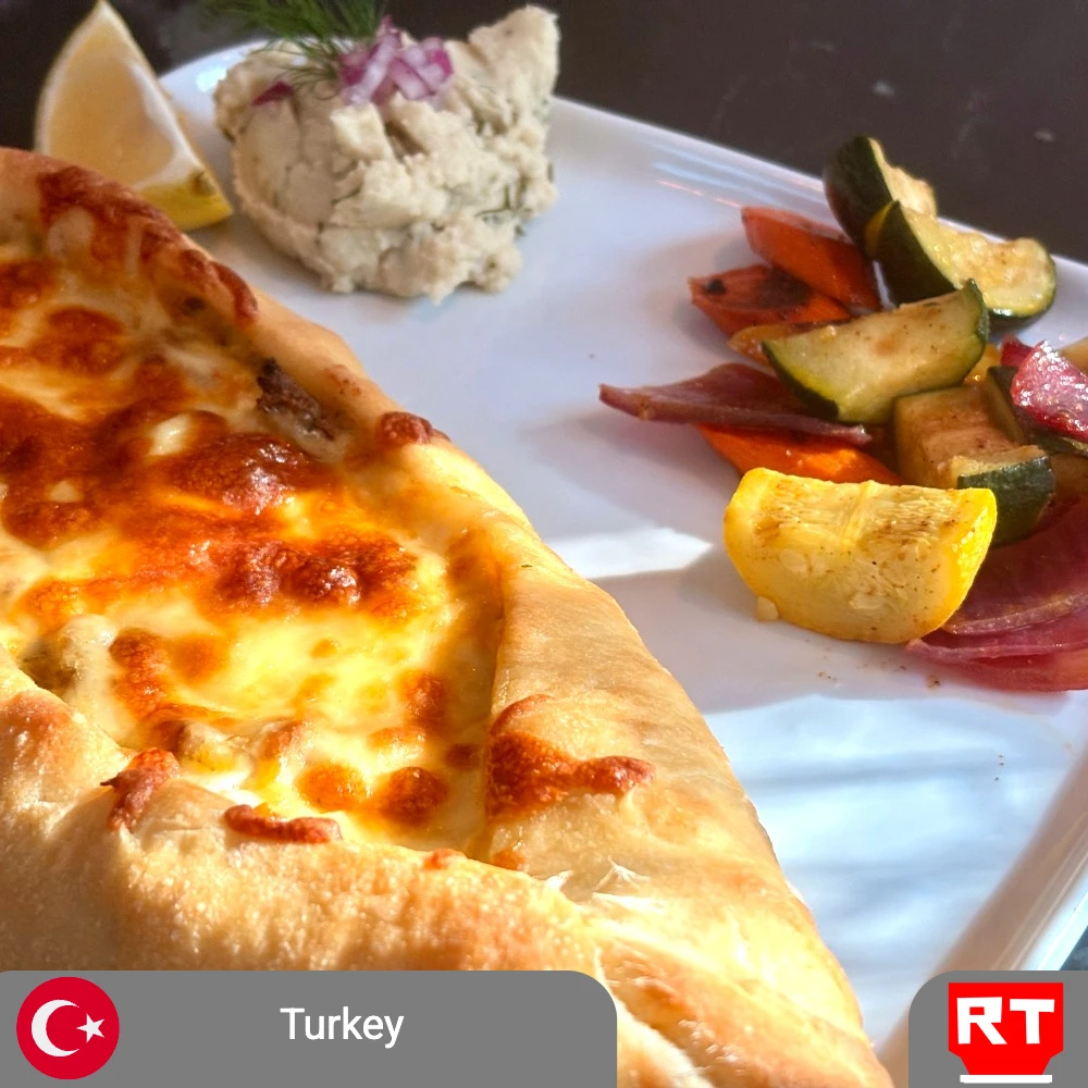 Kaşarlı Pide with Roasted Vegetables & Lemon-Dill Turkish Fava (includes complimentary surprise dessert)