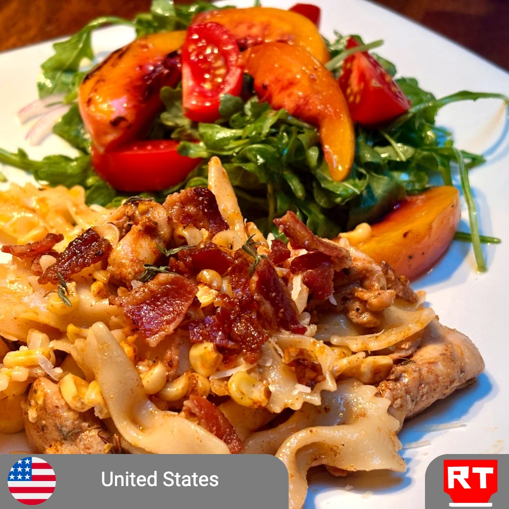 Creamy Chicken Pasta with Charred Corn & Bacon and Grilled Peach-Arugula Salad (includes complimentary surprise dessert)