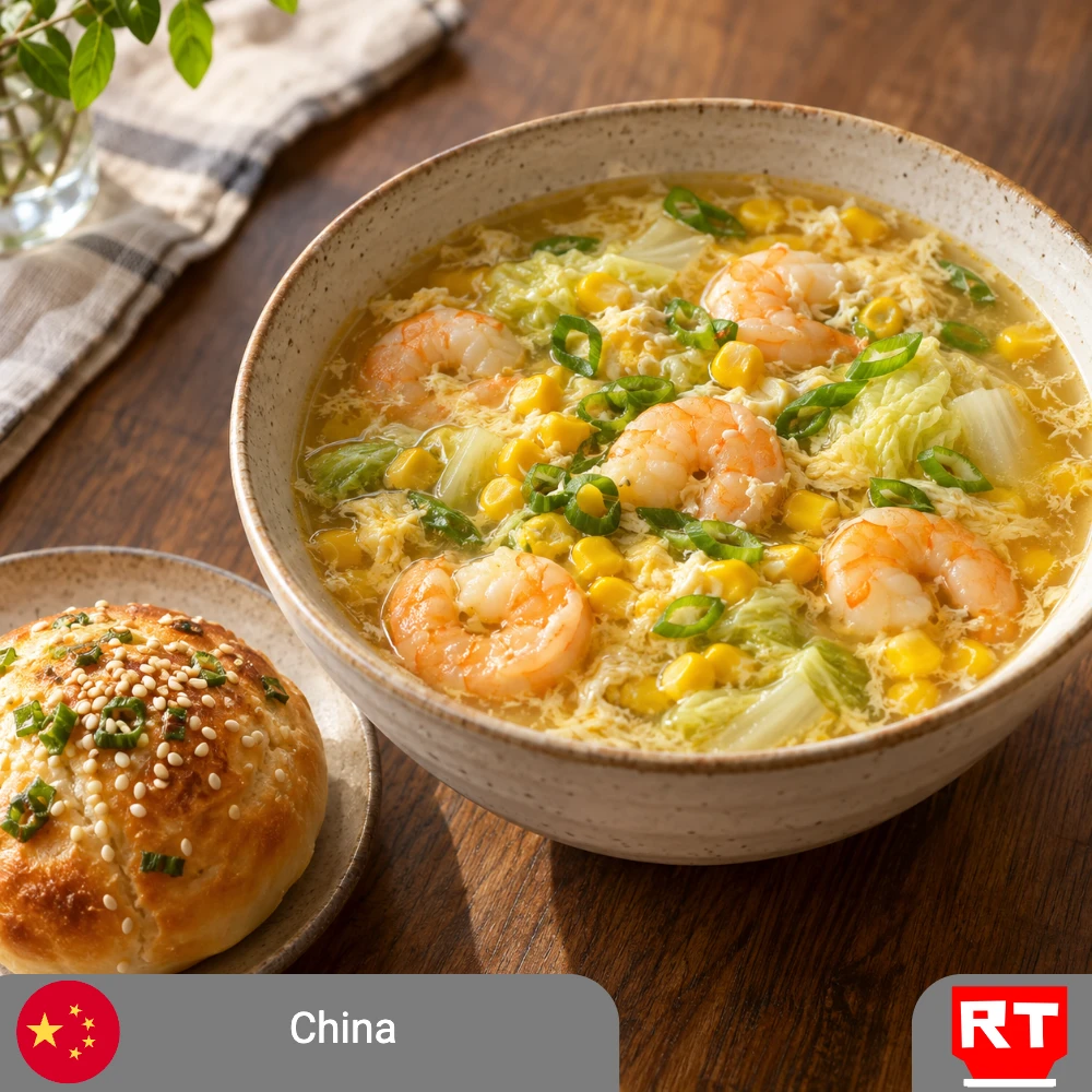 Chinese Shrimp & Sweet Corn Soup with a Scallion-Sesame Roll (includes complimentary surprise dessert)