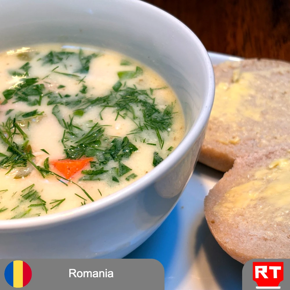 Romanian Ciorbă Rădăuțeană - Creamy Chicken Soup with Garlic, Sour Cream and Fresh Herbs, served with Rustic Romanian Bread (includes complimentary surprise dessert)