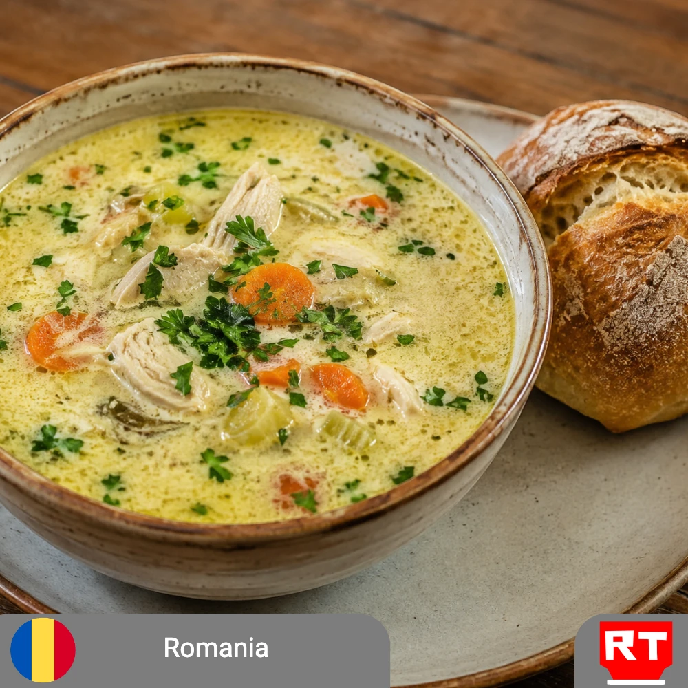 Romanian Ciorbă Rădăuțeană - Creamy Chicken Soup with Garlic, Sour Cream and Fresh Herbs, served with Rustic Romanian Bread (includes complimentary surprise dessert)
