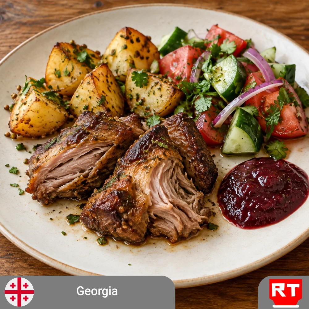 Georgian Slow-Roasted Pork Shoulder with Homemade Tkemali, Herb-Roasted Potatoes & Fresh Tomato-Cucumber Salad (includes complimentary surprise dessert)