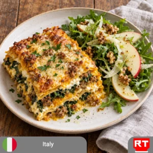 Autumn Lasagna with Sausage, Kale & Creamy Squash Sauce, served with Apple–Fennel Arugula Salad & Lemon-Dijon Vinaigrette (includes complimentary surprise dessert)