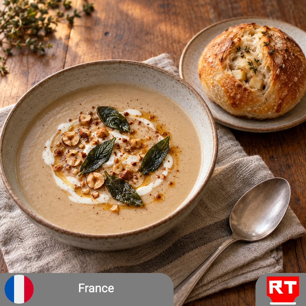 Roasted Chestnut and Celeriac Soup with Brown Butter, Crisp Sage & Toasted Hazelnuts, served with a Homemade Apple-Thyme Sourdough Roll (includes complimentary surprise dessert)