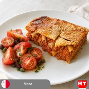 Maltese Timpana—Golden Savory Pasta Pie with Tomato, Olive & Caper Salad (includes complimentary surprise dessert)