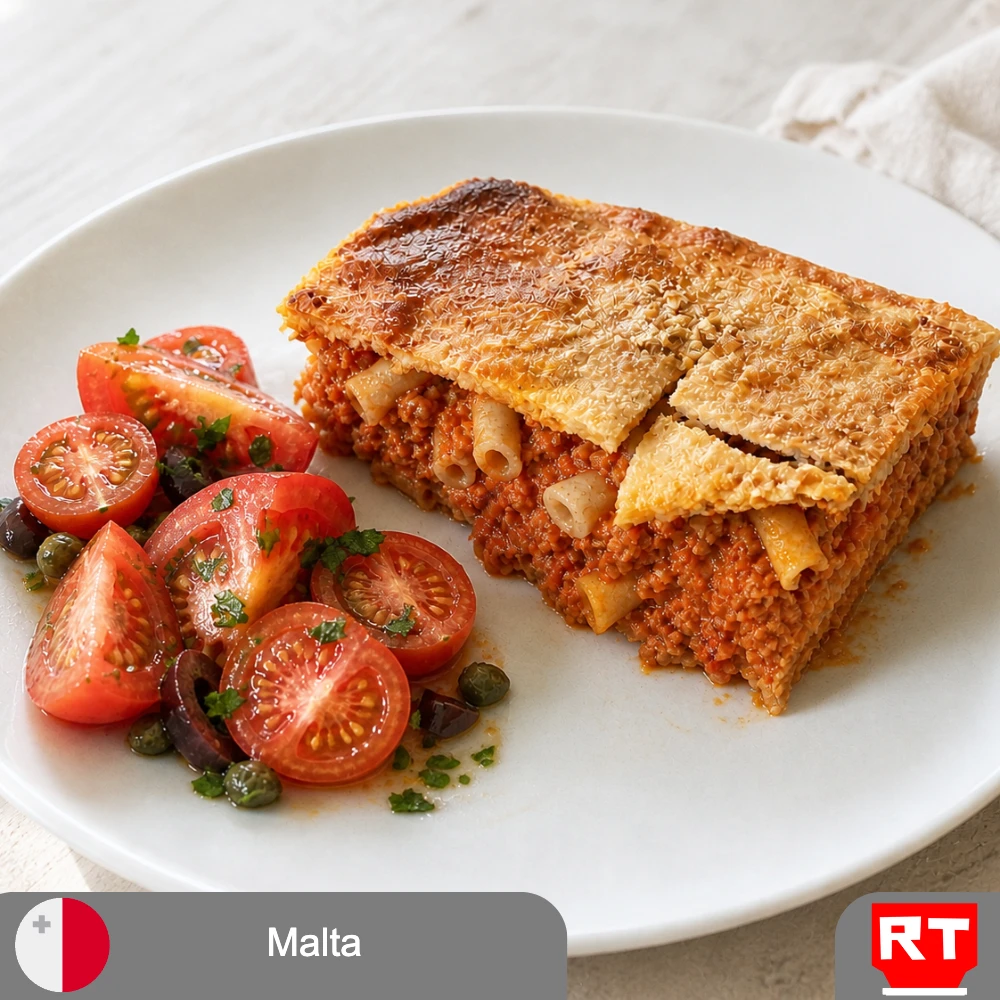 Maltese Timpana—Golden Savory Pasta Pie with Tomato, Olive & Caper Salad (includes complimentary surprise dessert)