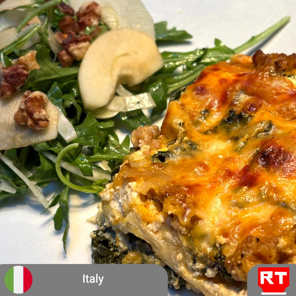 Autumn Lasagna with Sausage, Kale & Creamy Squash Sauce, served with Apple–Fennel Arugula Salad & Lemon-Dijon Vinaigrette (includes complimentary surprise dessert)