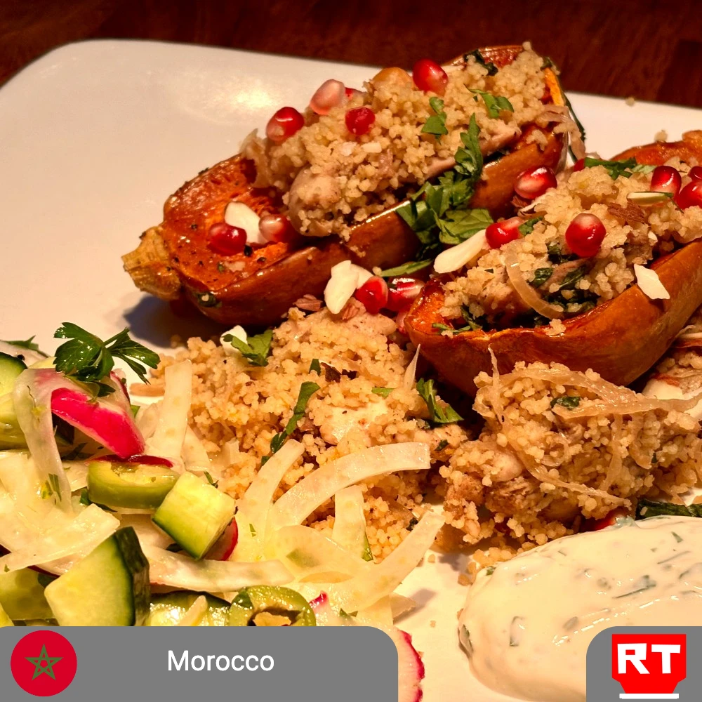 Moroccan Jewel-Roasted Honeynut Squash over Apricot Couscous with Preserved Lemon & Saffron Yogurt, served with a Crisp Cucumber, Fennel & Herb Salad — Chicken or Vegetarian (includes complimentary surprise dessert)