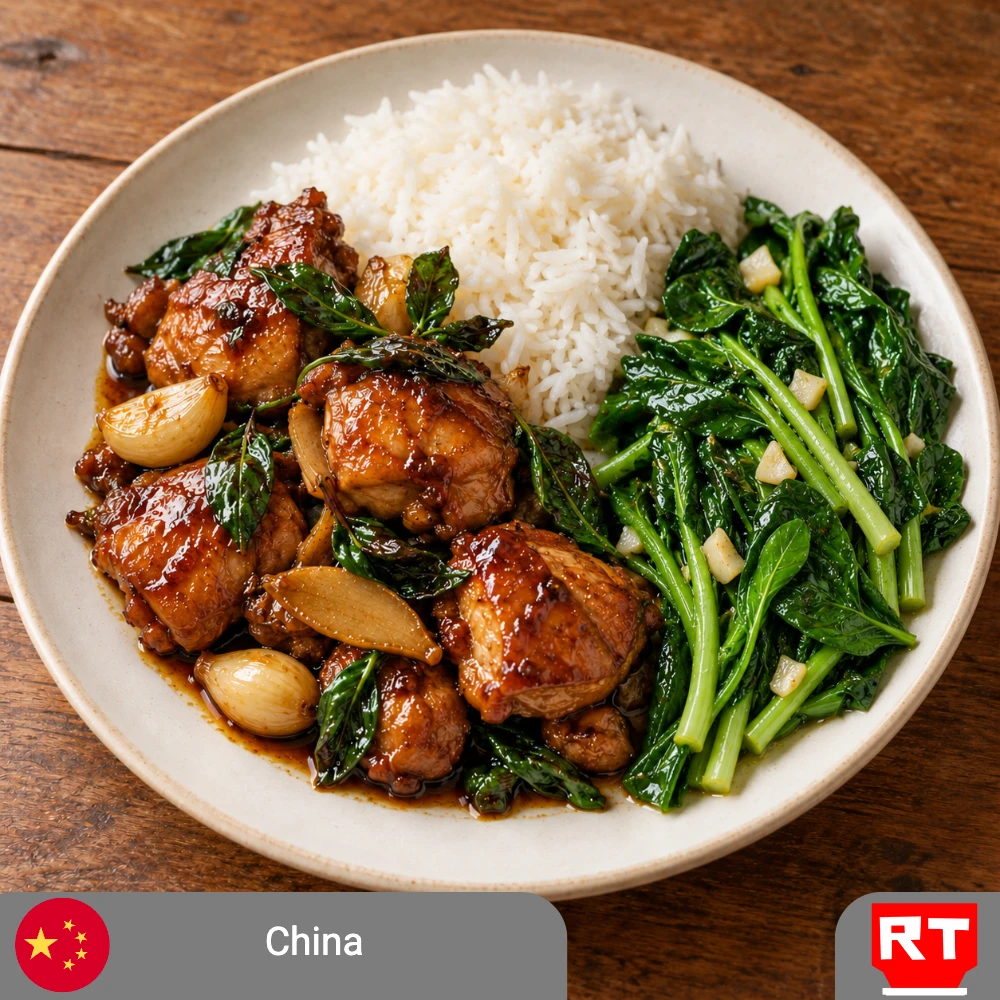 Sticky Three Cup Chicken with Fragrant Basil, Garlic Choy Sum & Steamed Jasmine Rice (includes complimentary surprise dessert)