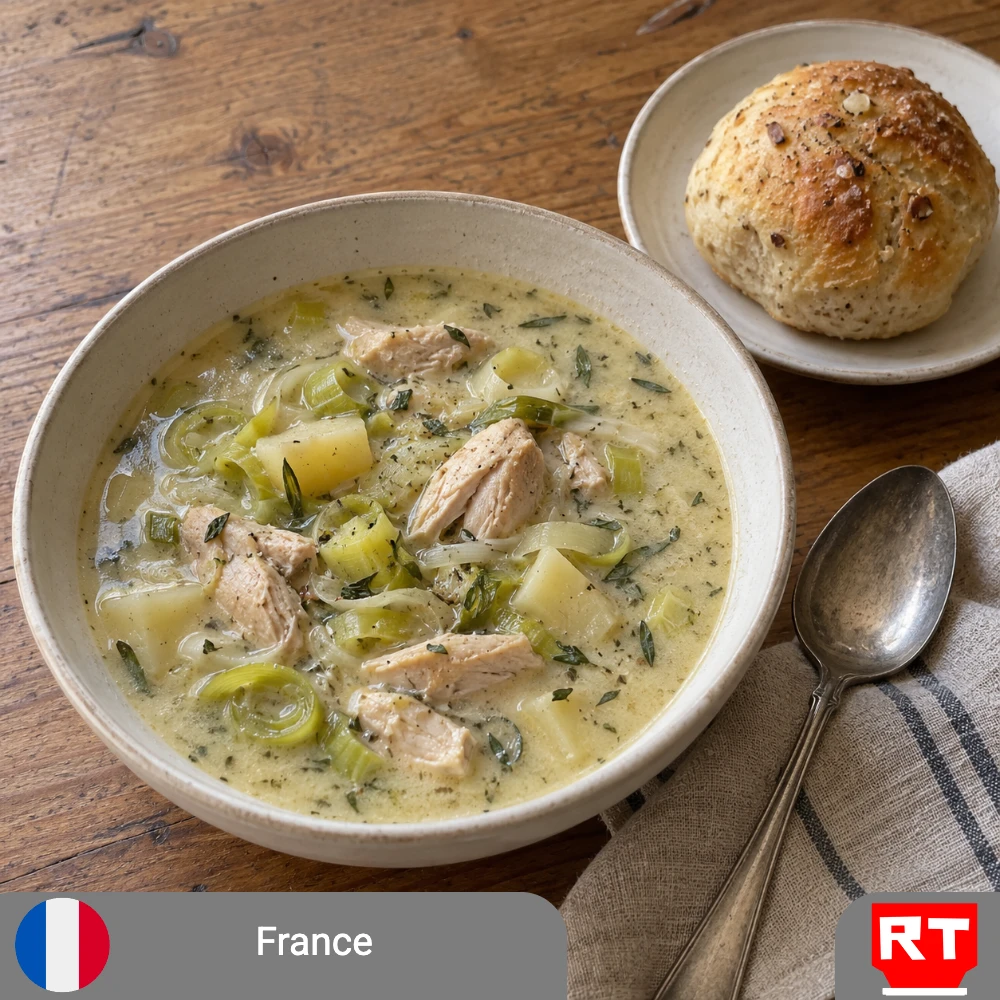 French Chicken, Leek & Tarragon Soup with Dijon Cream with a Shallot and Cracked-Pepper Roll (includes complimentary surprise dessert)