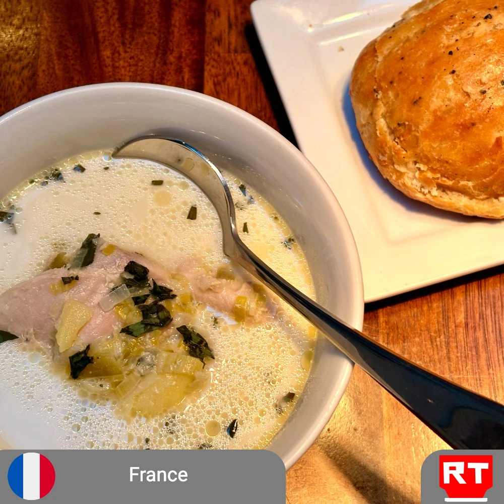 French Chicken, Leek & Tarragon Soup with Dijon Cream with a Shallot and Cracked-Pepper Roll (includes complimentary surprise dessert)