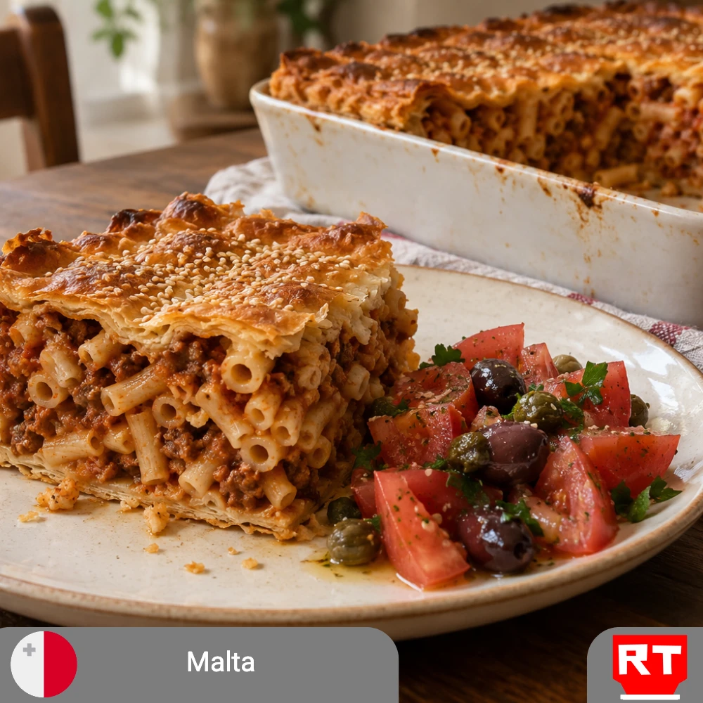Maltese Timpana—Golden Savory Pasta Pie with Tomato, Olive & Caper Salad (includes complimentary surprise dessert)