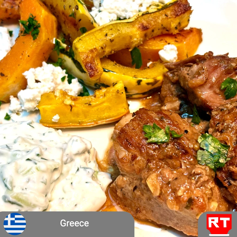 Greek Lemon-Braised Pork or Chickpea, Tomato & Rosemary Braise (Vegetarian), with Roasted Squash, Feta & Oregano and Tzatziki (includes complimentary surprise dessert)