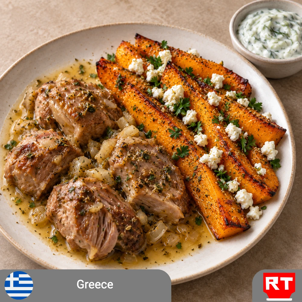 Greek Lemon-Braised Pork or Chickpea, Tomato & Rosemary Braise (Vegetarian), with Roasted Squash, Feta & Oregano and Tzatziki (includes complimentary surprise dessert)